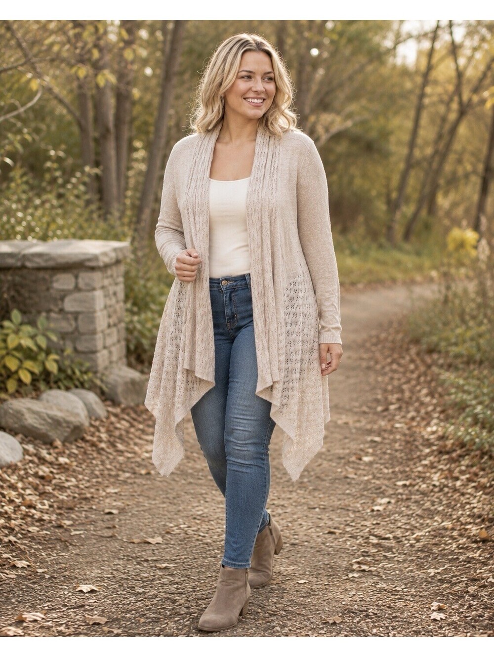 Dressbarn Petite L Beige Crochet Open Front Cardigan